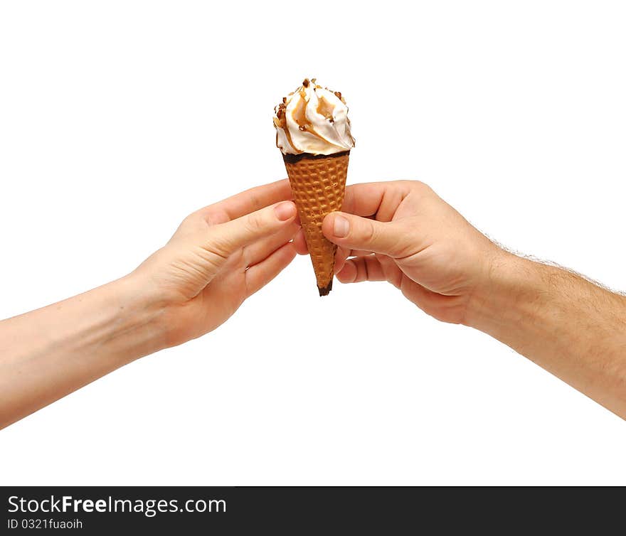 Male hands give a ice cream to female hands. All over white background