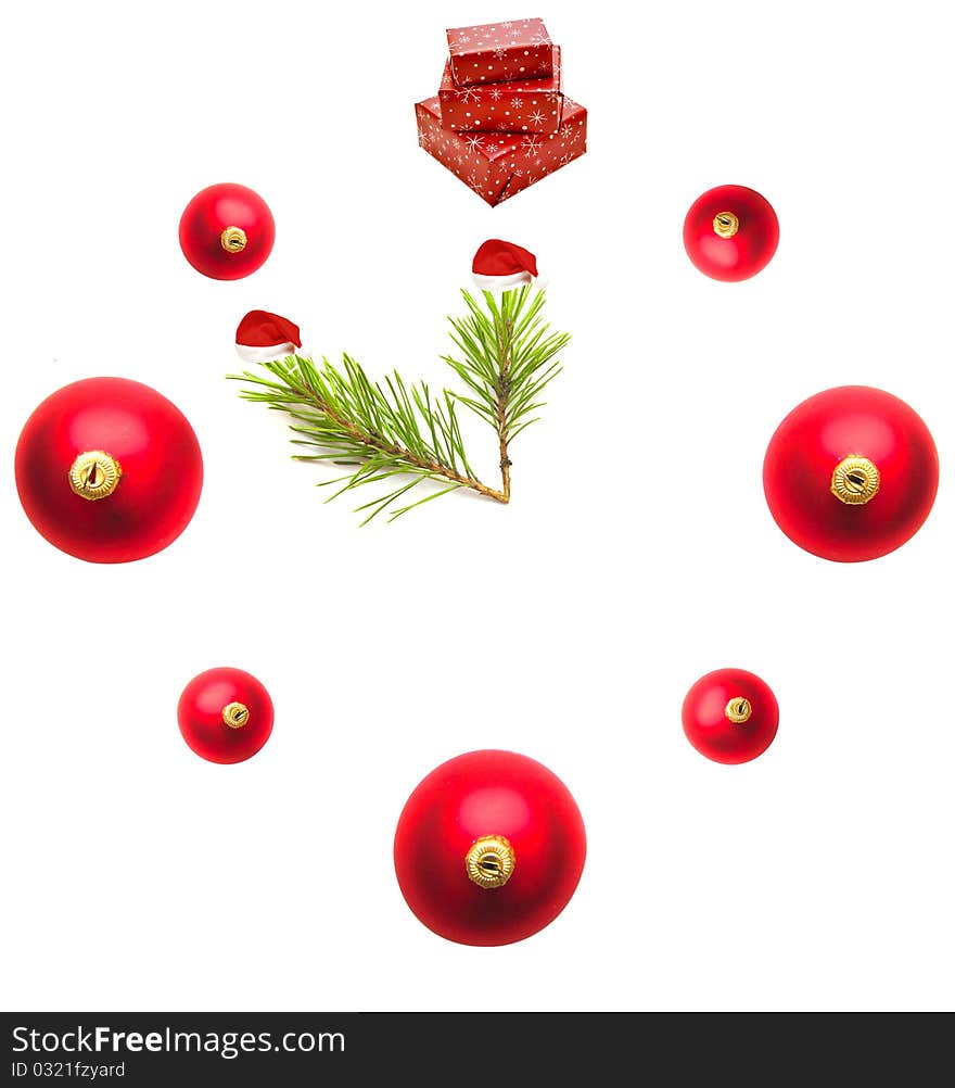 Hours of christmas balls and branch fir. Hours of christmas balls and branch fir