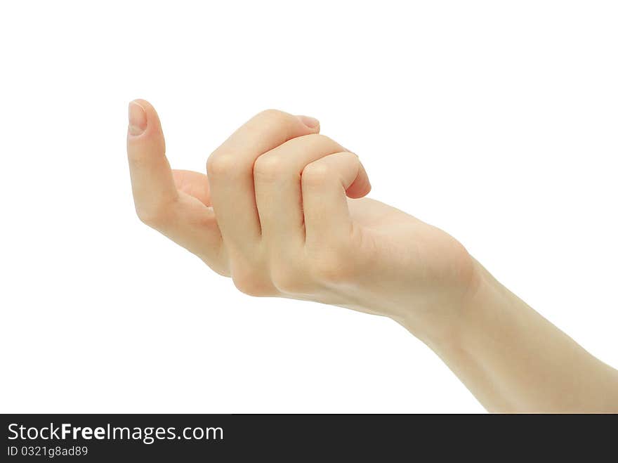 Hand pointing with index on a white background