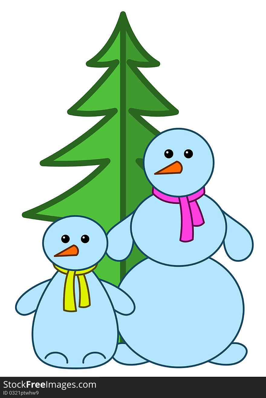 Snowballs family with christmas fir-tree, sign pictogram, isolated. Snowballs family with christmas fir-tree, sign pictogram, isolated