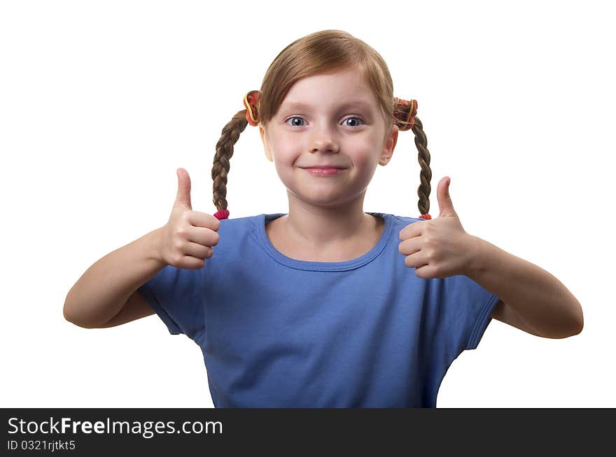 Funny smiling little girl portrait isolated over white background (little thumbs up). Funny smiling little girl portrait isolated over white background (little thumbs up)