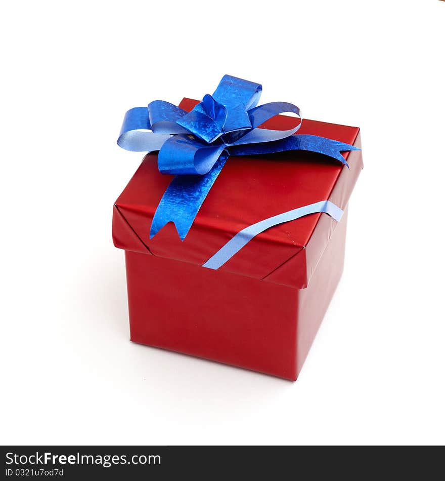 Red gift box with blue bow