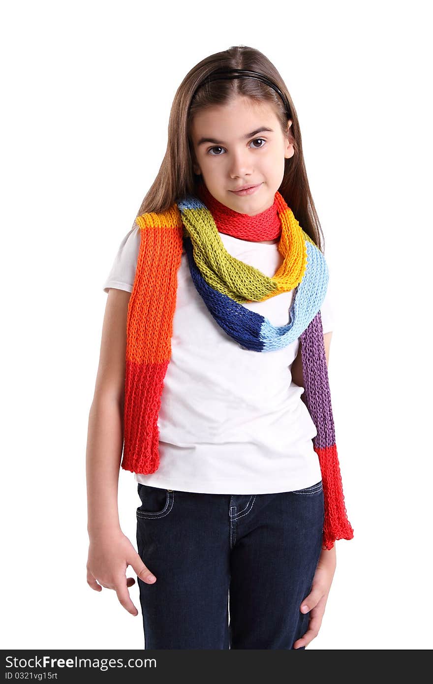 Cute little girl wearing multicolor scarf. Isolated