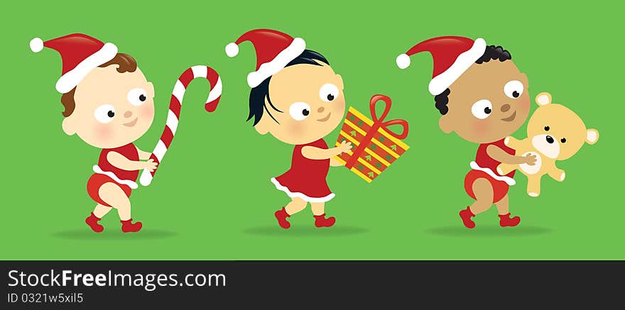 Cute babies of different nationalities carrying presents. Cute babies of different nationalities carrying presents