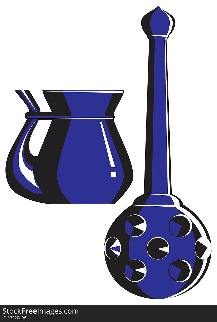 Ceramic decanter and cup in black-dark blue tones. Old style. Ceramic decanter and cup in black-dark blue tones. Old style.