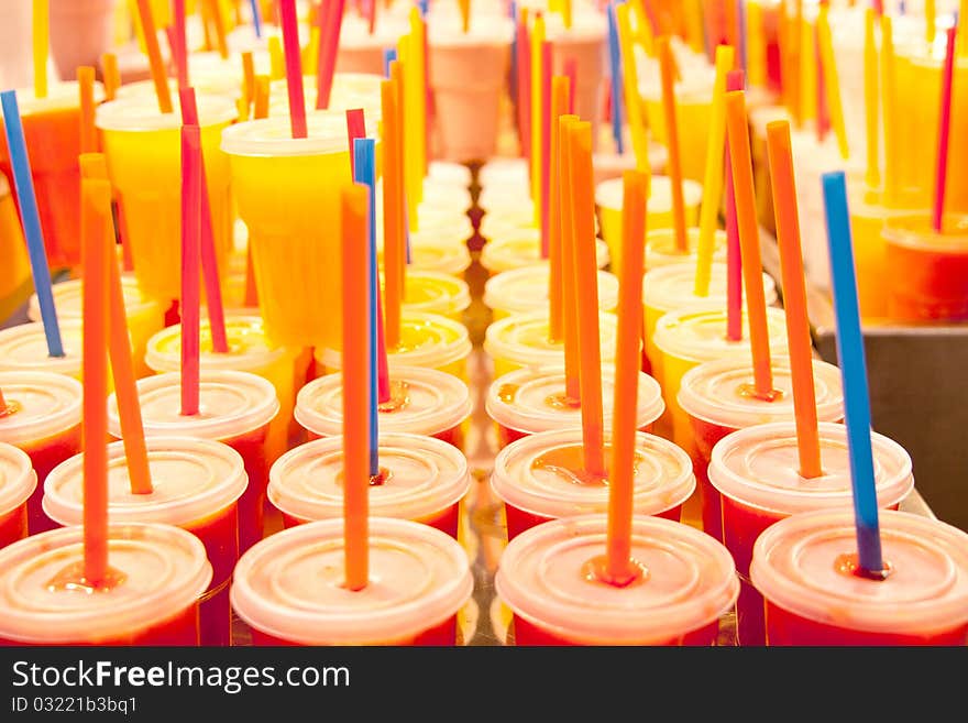 Fruit juices at La Boqueria Market in Barcelona, Spain