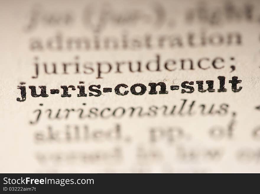 Word jurisconsult from the old dictionary, a close up.
