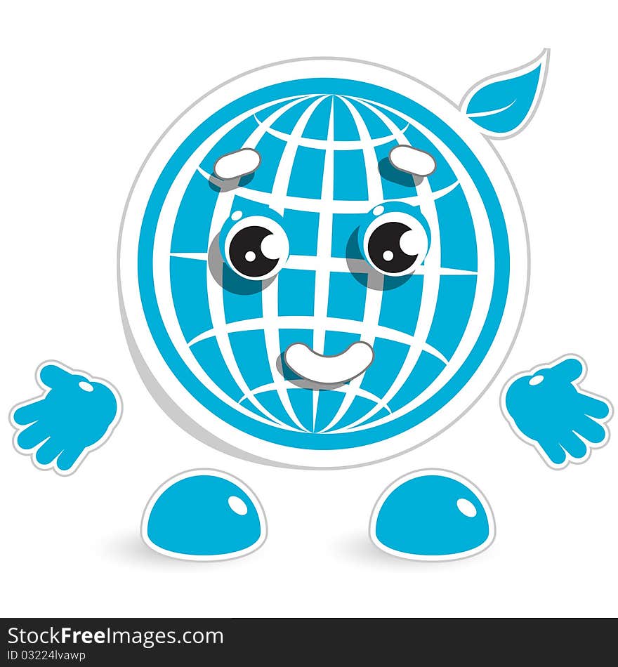 Abstract illustration, person with smile on blue globe. Abstract illustration, person with smile on blue globe