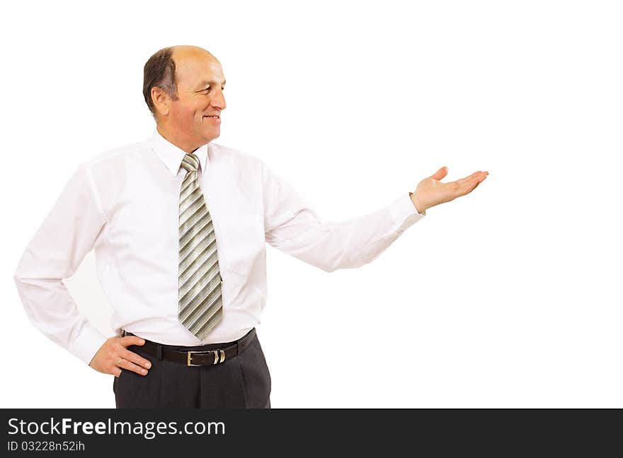 Business man handing a blank business card over white background