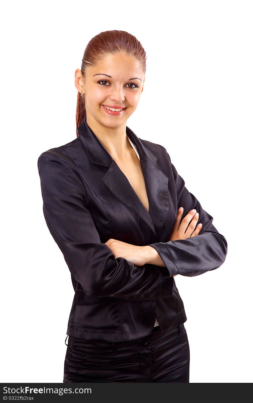 Positive business woman smiling over white background