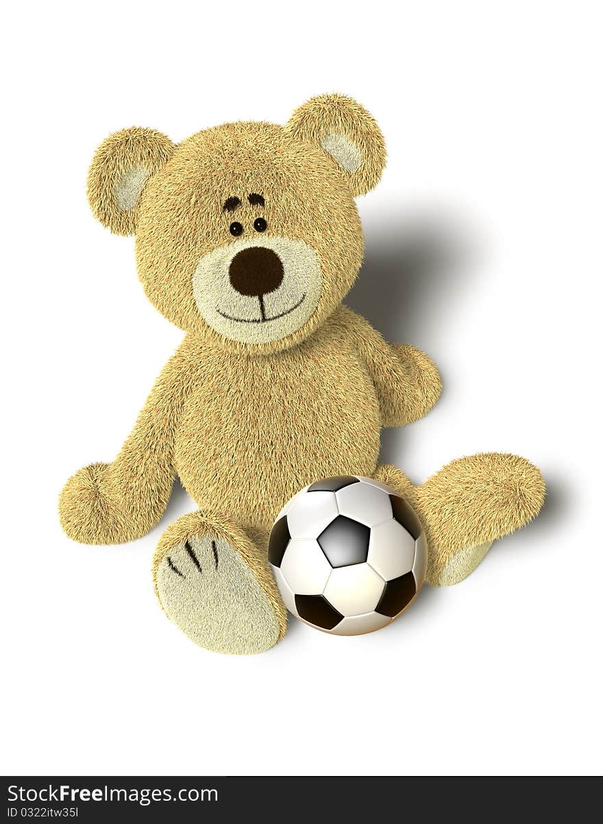 A cute teddy bear sits down on the floor and looks up into the camera. A soccer ball is in front of him between the legs. Isolated on withe background with soft shadows. A cute teddy bear sits down on the floor and looks up into the camera. A soccer ball is in front of him between the legs. Isolated on withe background with soft shadows.