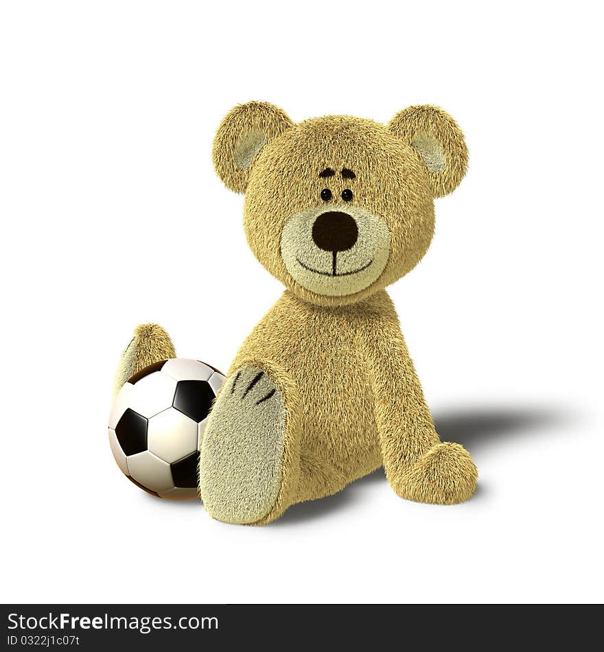 A cute teddy bear is sitting on the floor, supporting himself with both hands. He looks towards the camera and smiles. In front of him, between his legs there is a soccer ball. The image is isolated on white background with soft shadows. A cute teddy bear is sitting on the floor, supporting himself with both hands. He looks towards the camera and smiles. In front of him, between his legs there is a soccer ball. The image is isolated on white background with soft shadows.