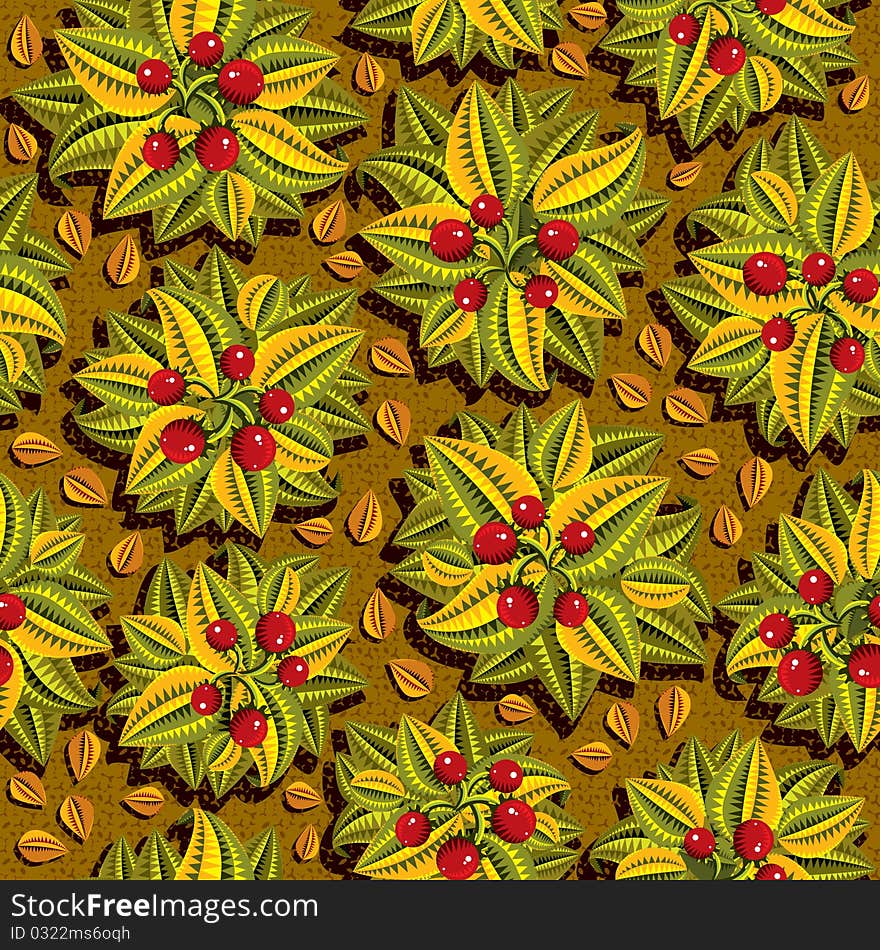 Red berries and leaves seamless foliage pattern