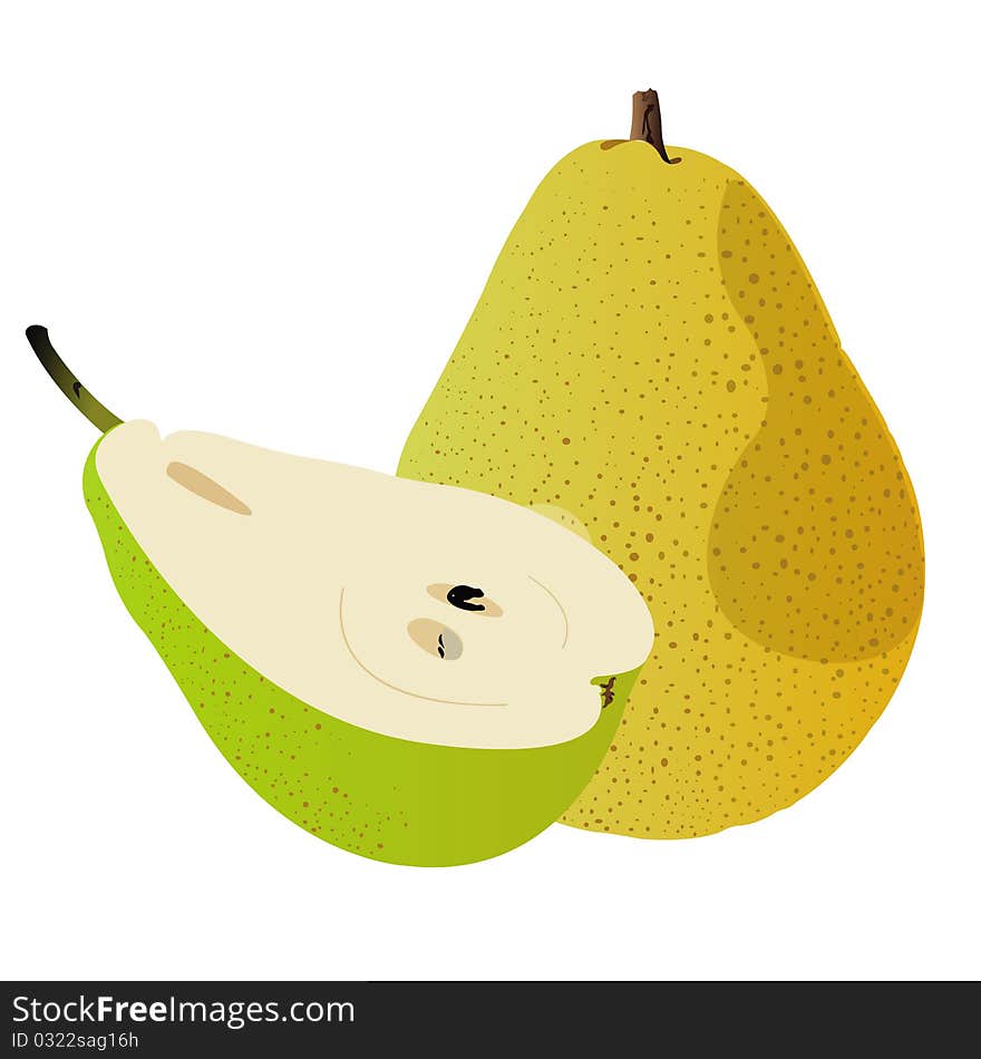 This image represents a pear fruit isolated on a white background and a half of a pear