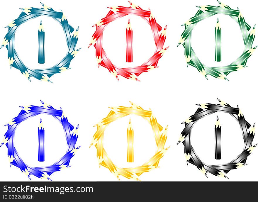 Abstract button of colored pencils isolated on white background