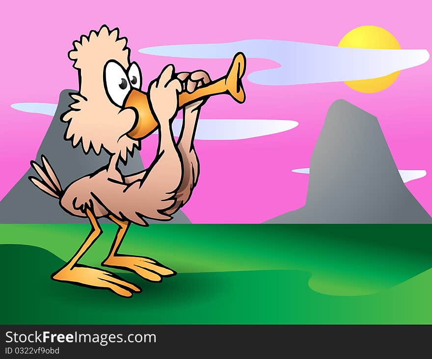 Illustration of a cute cartoon duck playing trumpet using it beak on nature background. Illustration of a cute cartoon duck playing trumpet using it beak on nature background