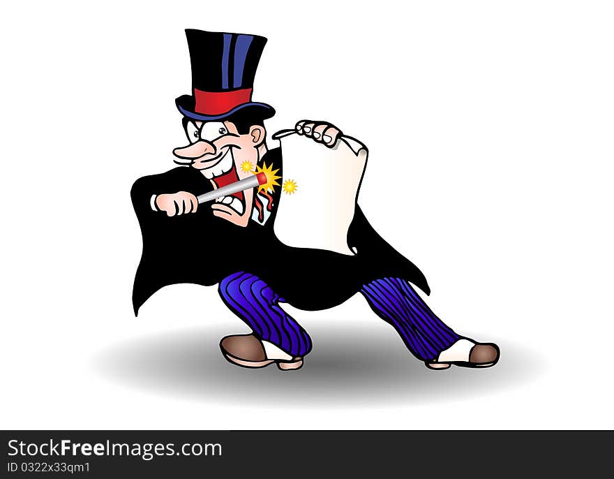 Magician wear tuxedo hold blank paper on magic performance illustration. Magician wear tuxedo hold blank paper on magic performance illustration