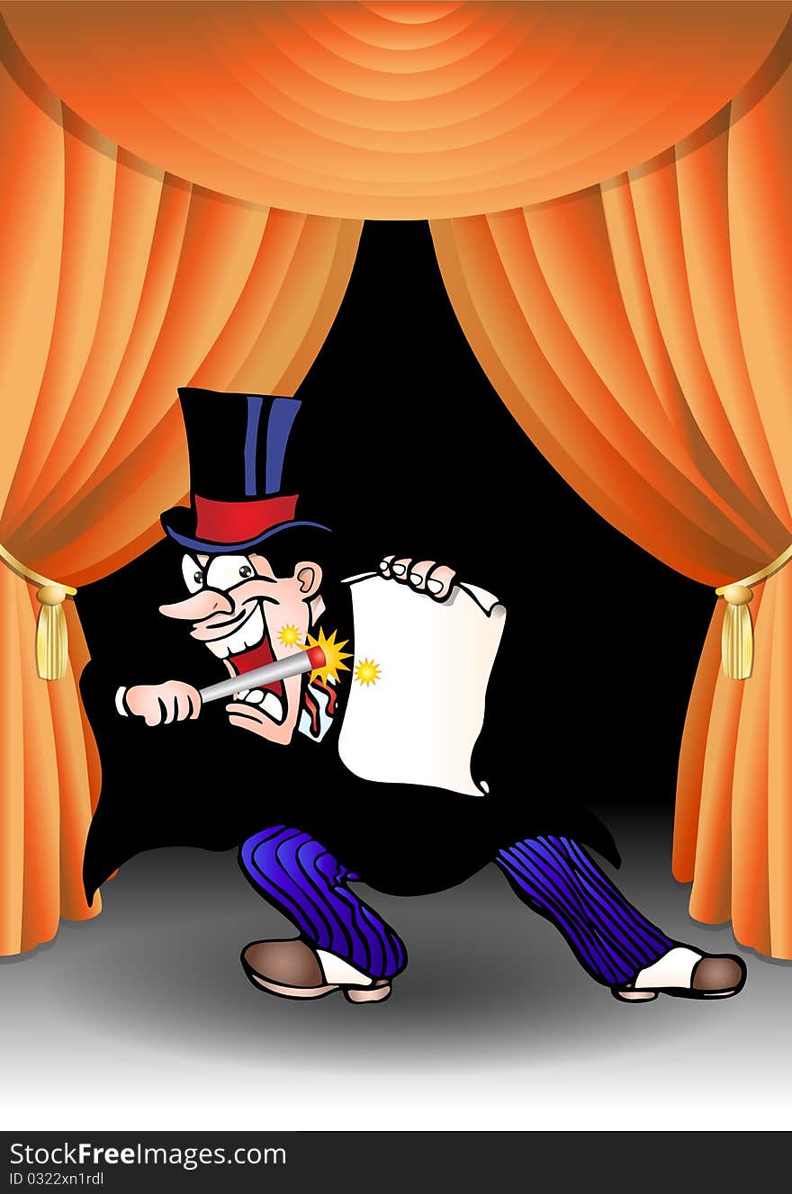 Magician wear tuxedo hold blank paper on stage background illustration