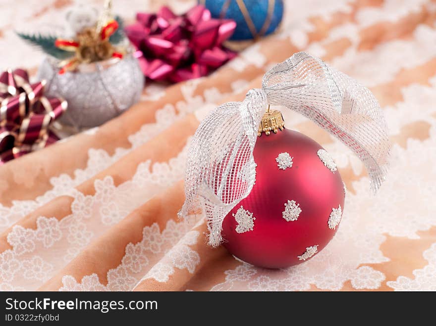 Red and Glittered Christmas Ornament Ball with Silver Ribbon. Red and Glittered Christmas Ornament Ball with Silver Ribbon