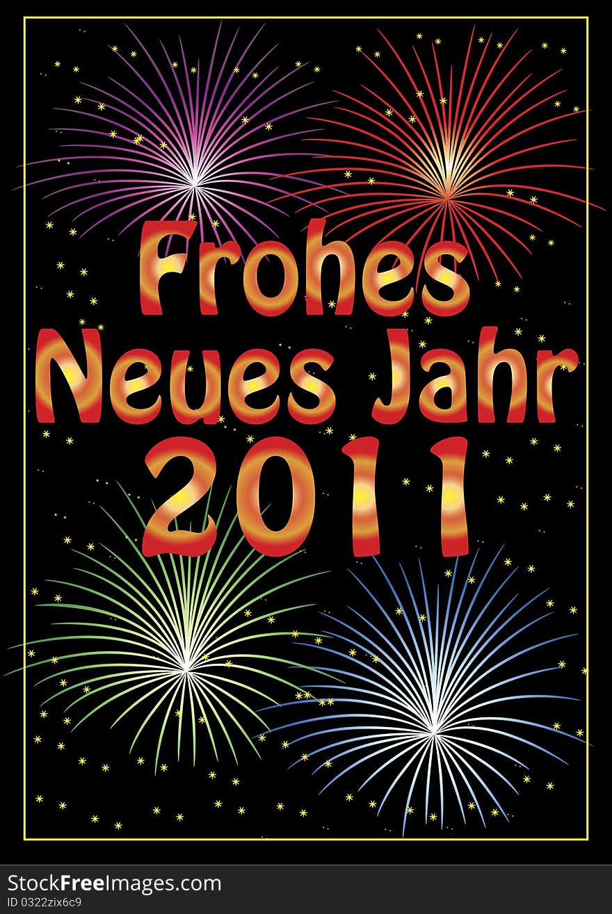 Frohes Neues Jahr 2011 greeting card with colorful fireworks and stars.