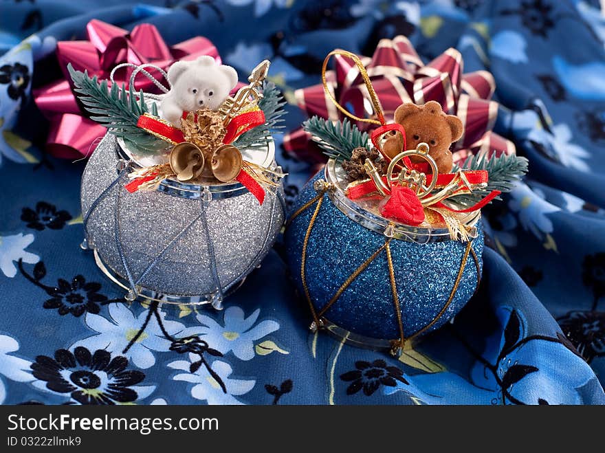 Christmas Fun Drum Ornaments On Blue Cloth