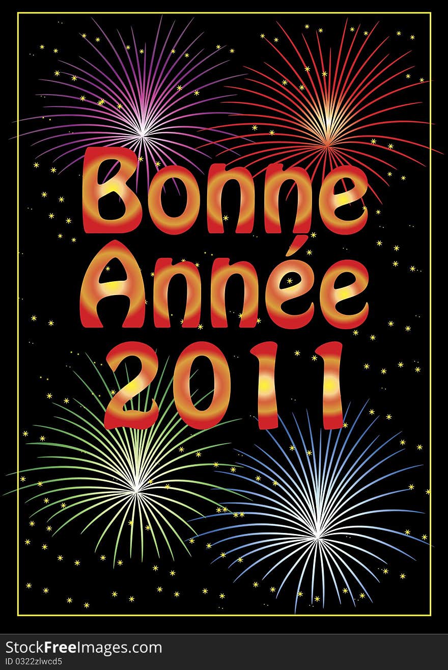 Bonne Année 2011 greeting card with colorful fireworks and stars.