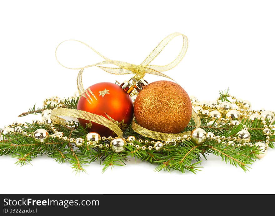 Christmas decorations on fir branches, isolated on white