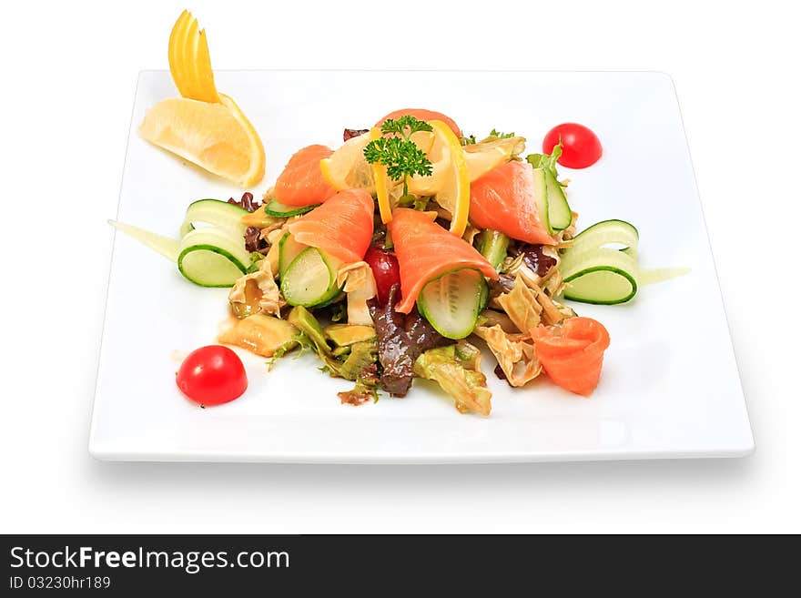 Seafood with vegetables and herbs on a ceramic platter. Seafood with vegetables and herbs on a ceramic platter