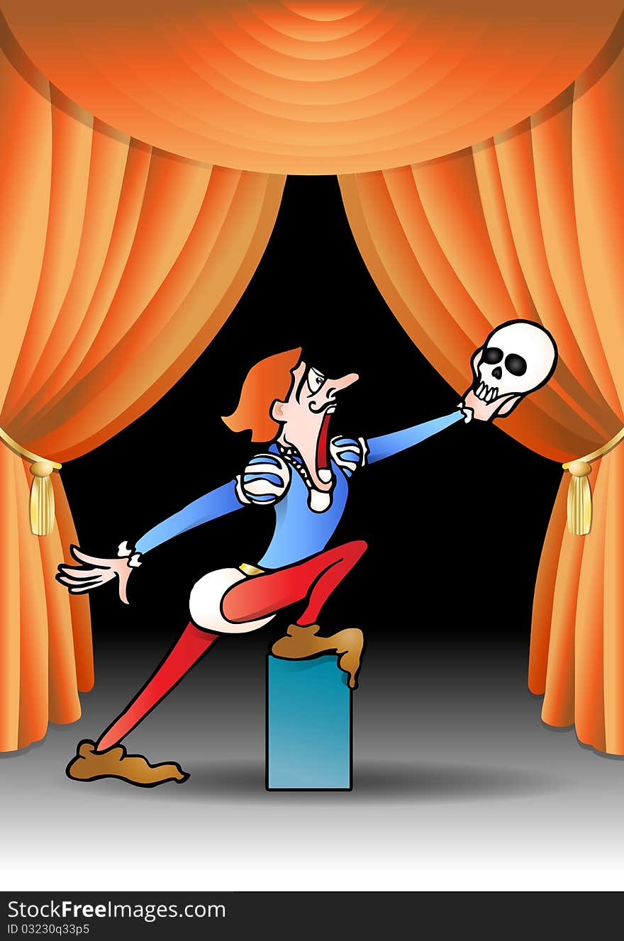 Male opera singer hold skeleton in full singing mode on stage performance. Male opera singer hold skeleton in full singing mode on stage performance