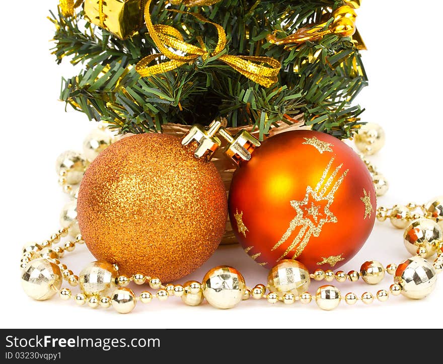 Christmas decorations and fir tree, isolated on white