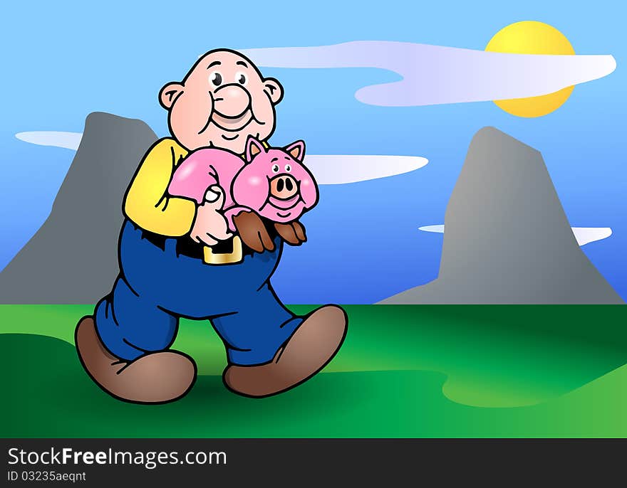 Bald Man And His Big Pink Pig