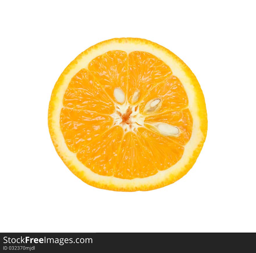 A slice of orange, isolated on white.