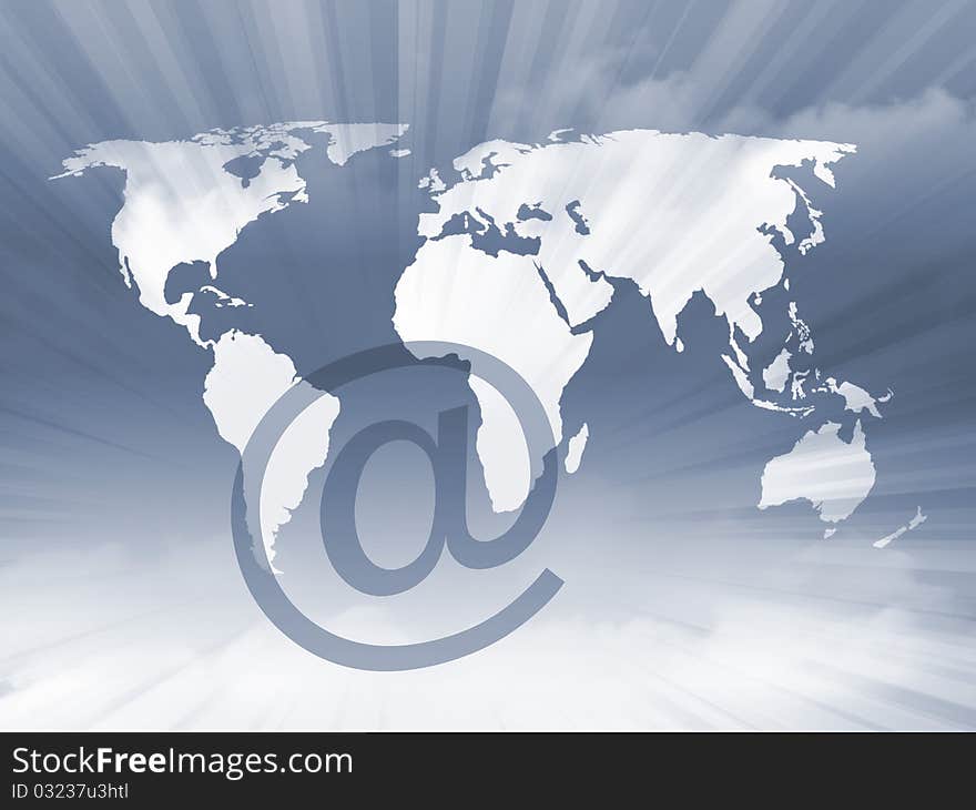 World outline map overlaid with email symbol. World outline map overlaid with email symbol