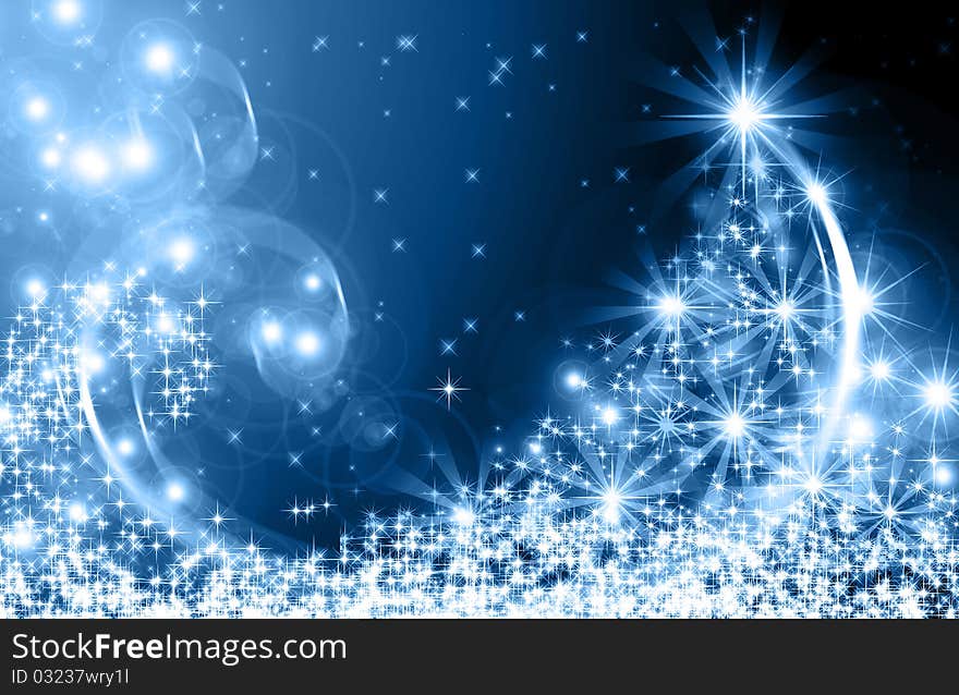 Christmas tree with bright rays and stars on a black background. Christmas tree with bright rays and stars on a black background