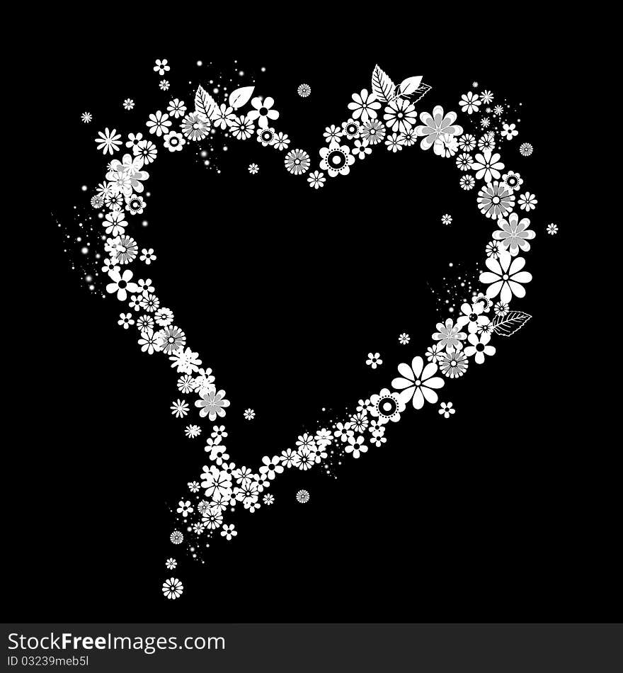 Illustration of heart from flower shapes on the black background. Good for Valentine Cards. Illustration of heart from flower shapes on the black background. Good for Valentine Cards.