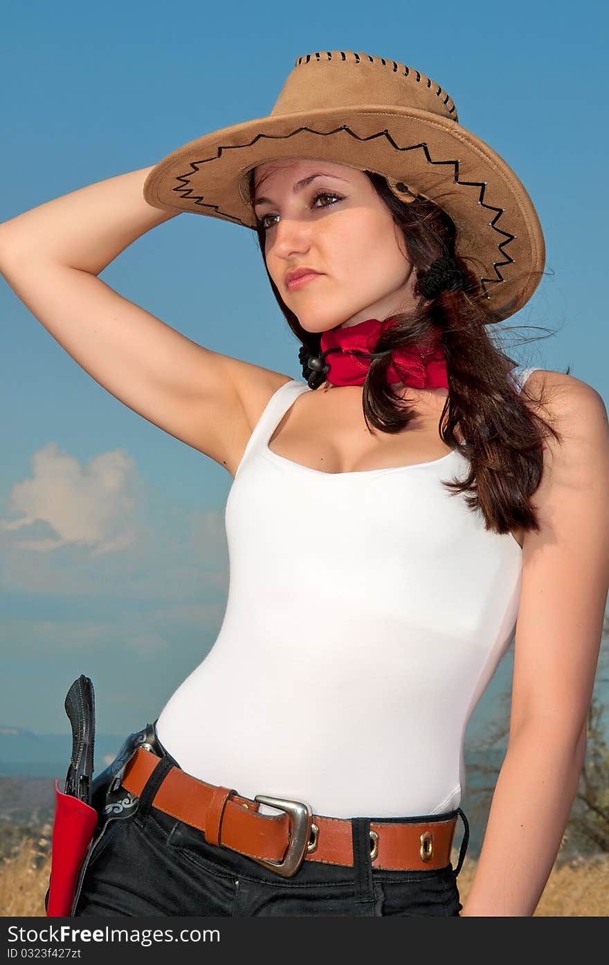 Attractive girl in a cowboy hat in a field, portrait