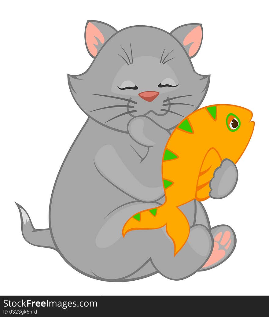 Cartoon little kitten with fish