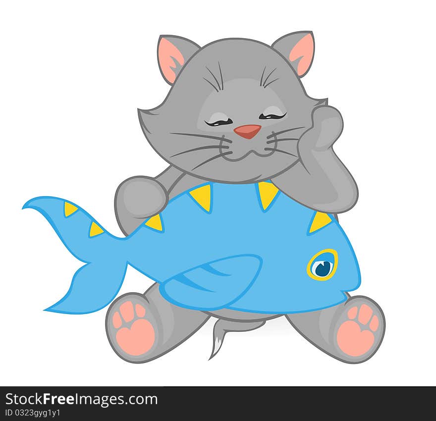 cartoon little kitten with fish.illustration for a design