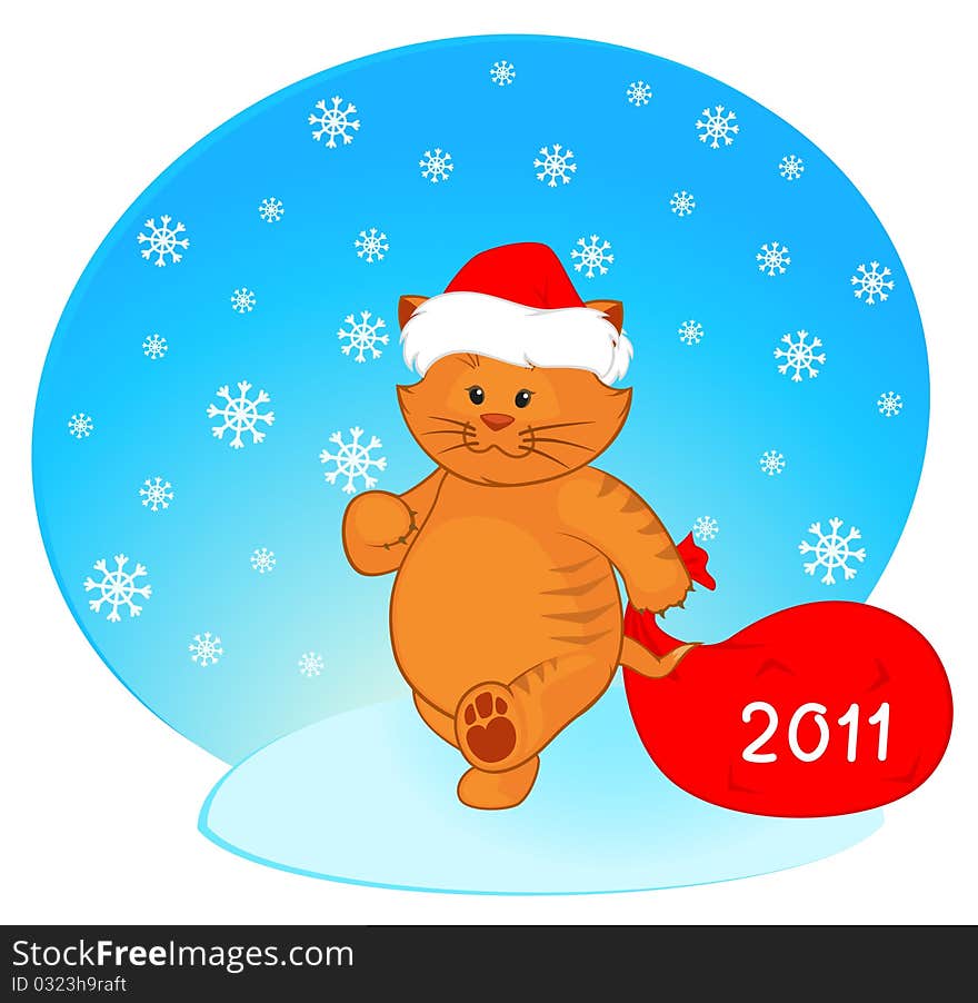 cartoon little kitten in the suit of Santa Claus with gift