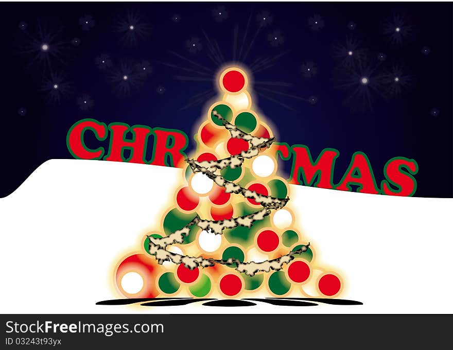 Illustration of a chistmas tree next to stars and snow. Illustration of a chistmas tree next to stars and snow