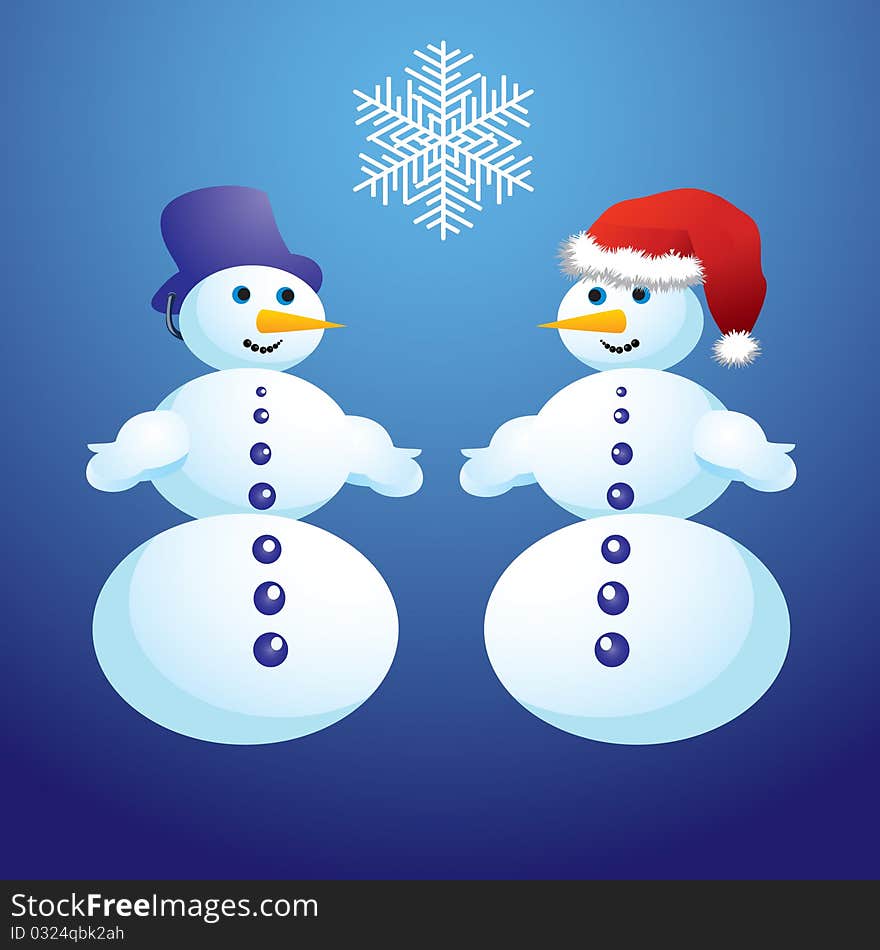 Snowman and a snowflake on a blue background, .