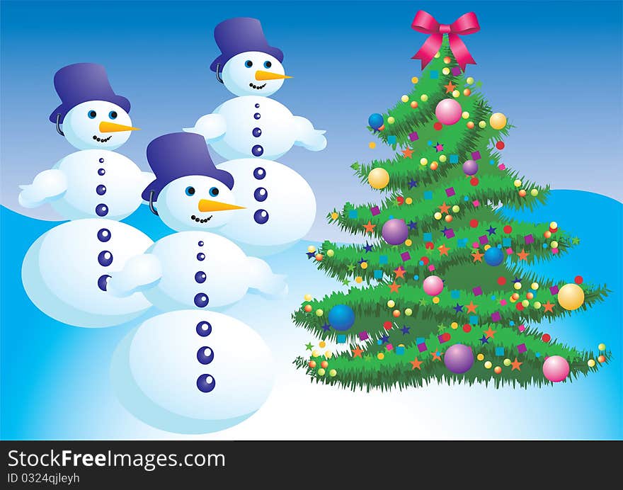 Christmas tree and snowman on a blue background, . Christmas tree and snowman on a blue background, .