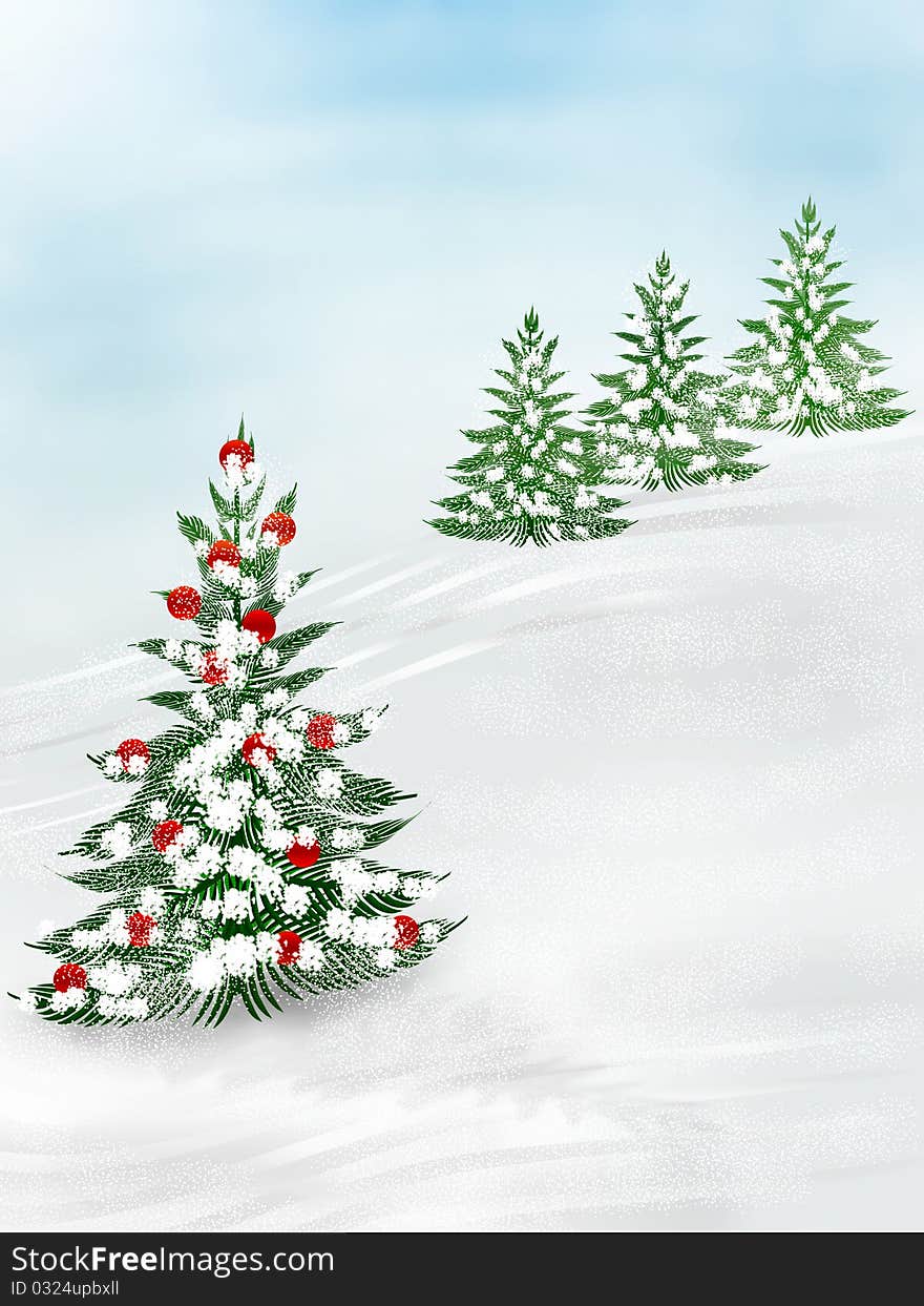 Fir trees covered with snow, one of them ornated with red christmas balls