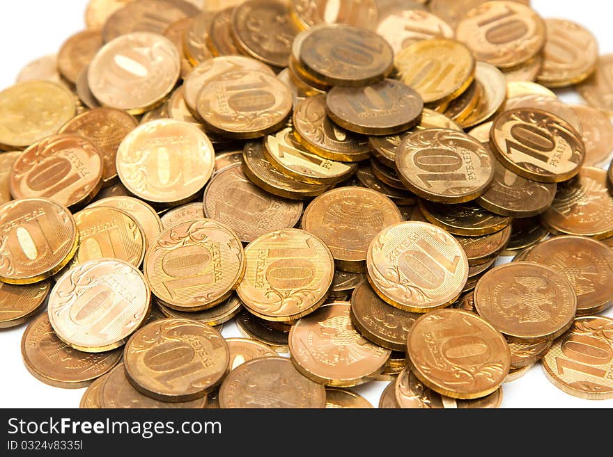 Pile full of golden  coins of ten roubles. Pile full of golden  coins of ten roubles