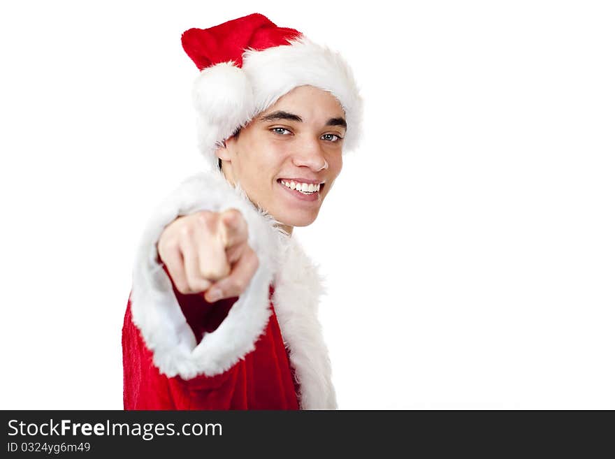 Teenager Dressed As Santa Claus Points With Finger