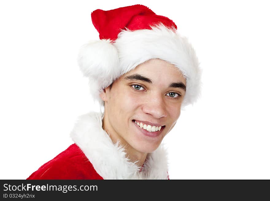 Happy Male Teenager Dressed As Santa Claus