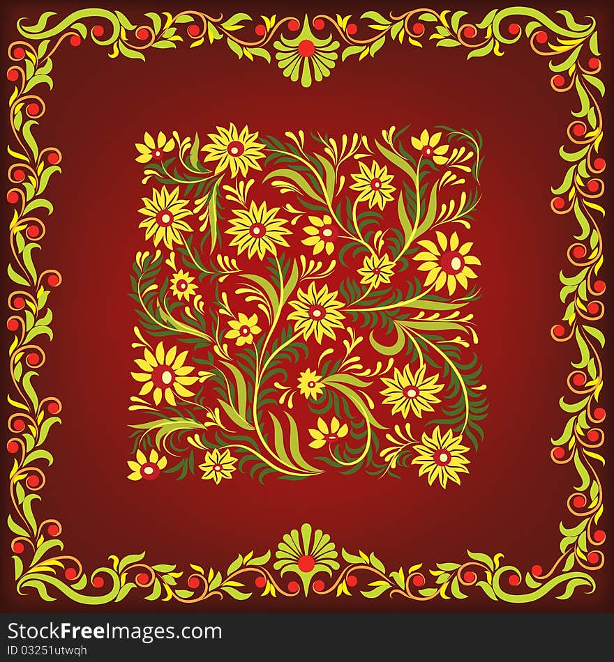 Abstract brown background with floral ornament on red