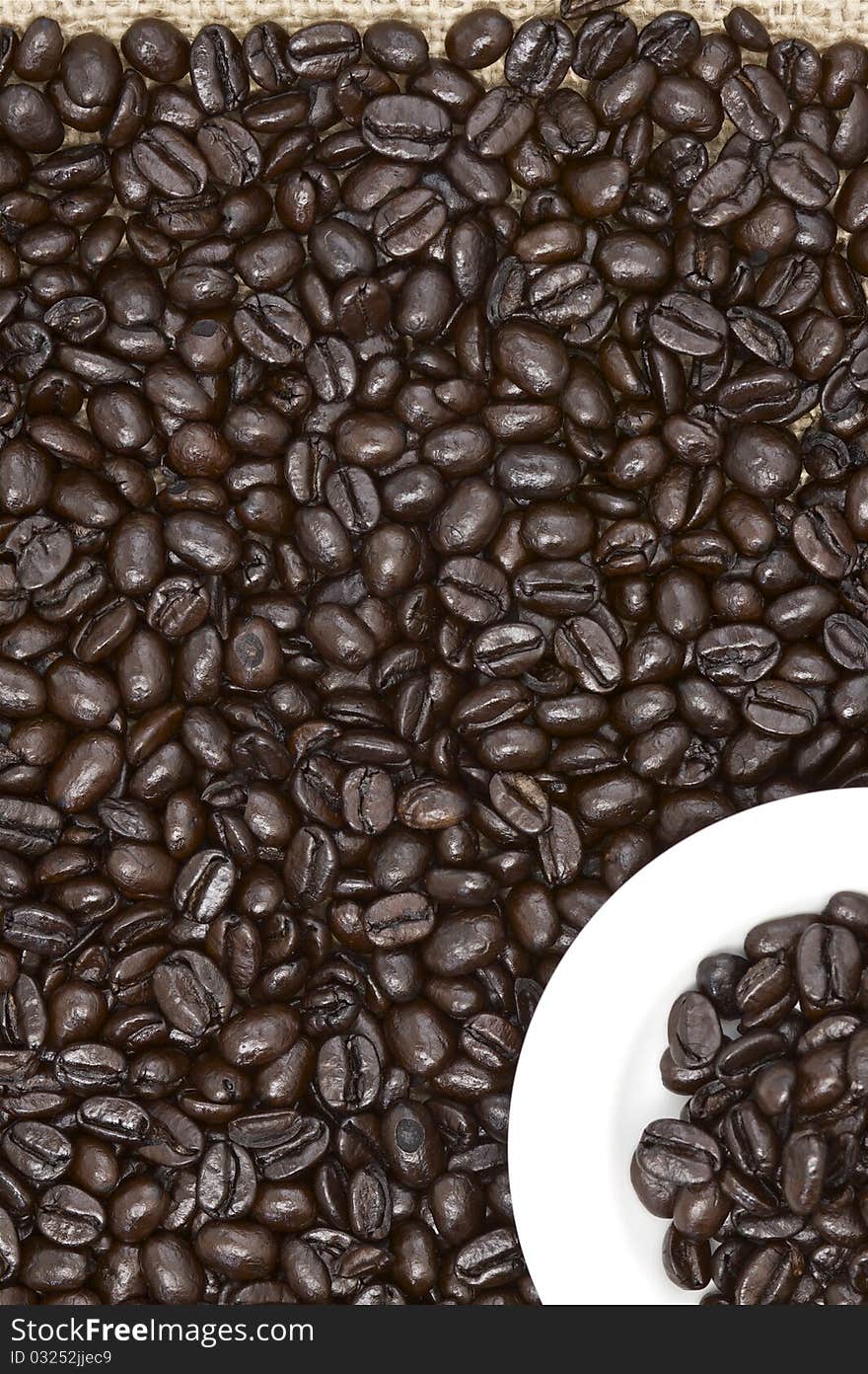 Whole roasted organic coffee beans, displayed as a background on a burlap sac.