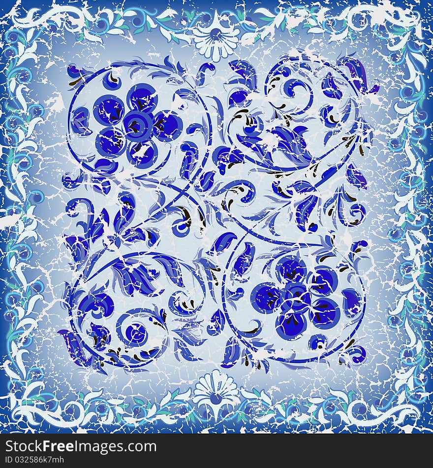 Abstract cracked blue background with floral ornament