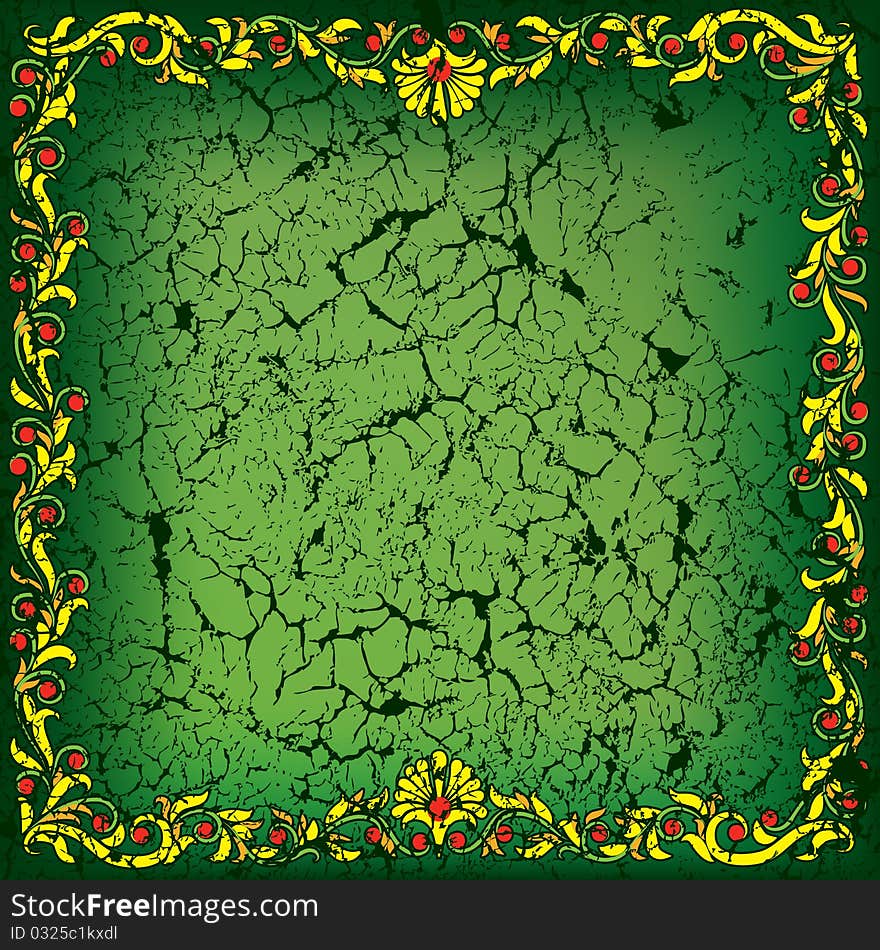 Abstract cracked floral ornament on green background